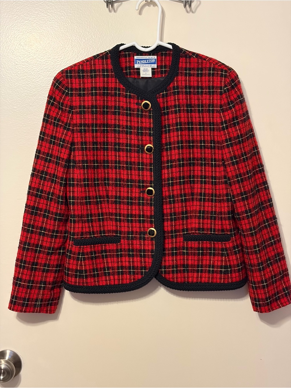 Pendleton Petite red and black tartan plaid wool blazer